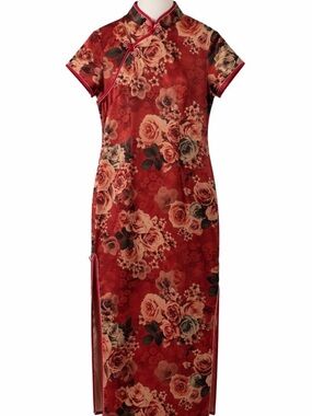 Laoguda Red Floral Qipao Cheongsam Style Dress Mandarin Collar Side Slits M Chic